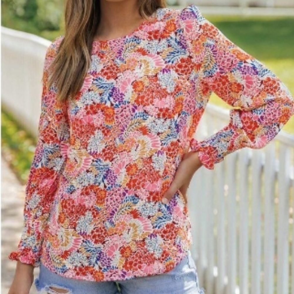Multicolor Floral Print Coquette Romantic Crew Neck Long Sleeve Blouse Size L